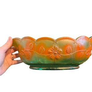 Green glass cut bowl with orange flowers 3.5 inches tall.
